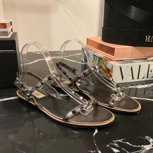 VALENTINO Rockstud Caged Flat Leather Sandal in Gunmetal with tonal studs